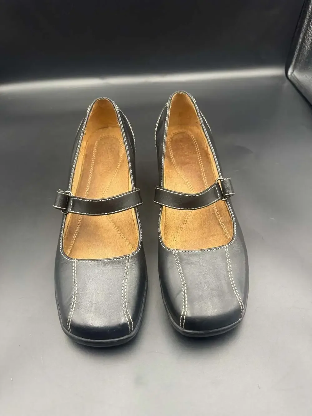 Natural Soul by Naturalizer Black Leather Mary Jane Wedge Shoes Size 8.5M